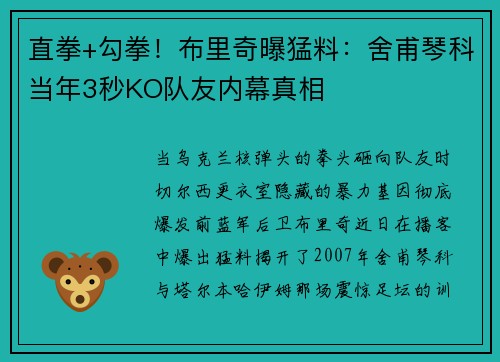 直拳+勾拳!布里奇曝猛料:舍甫琴科当年3秒KO队友内幕真相 直拳+勾拳!布里奇曝猛料:舍甫琴科当年3秒KO队友内幕真相