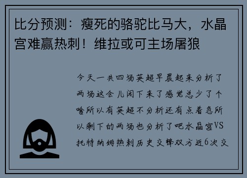 比分预测：瘦死的骆驼比马大，水晶宫难赢热刺！维拉或可主场屠狼